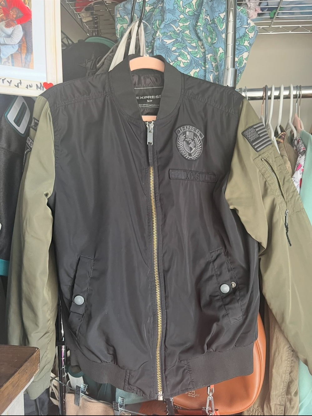 Express Two-Tone Military Bomber Jacket in Black and Olive